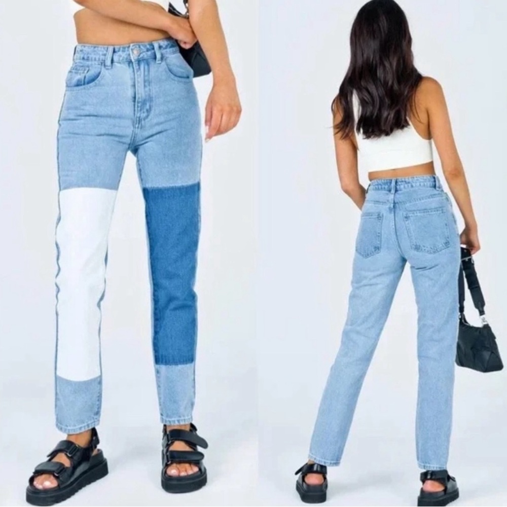 PRINCESS POLLY Cofield Mom Jeans Colorblock Patch High
Waist Straight Leg Size 2